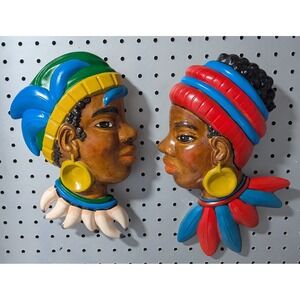 Vintage Art Deco African Male & Female Ceramic Wall Plaques
